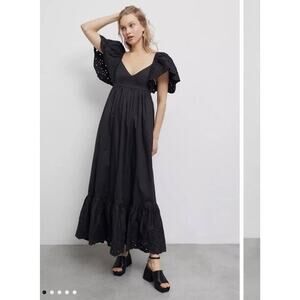 En Saison Barnette Black Midi Dress Eyelet Sleeves Size XS Pockets NWT